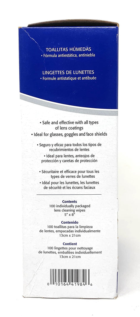 Lens cleaning wipes box, blue and white packaging, 100 individually packaged wipes, Amazon brand.
