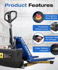 Heavy Duty Semi Electric High Lift Scissor Pallet Jack 3300 Lbs Capacity features emergency stop button and smooth-rolling PU wheels.