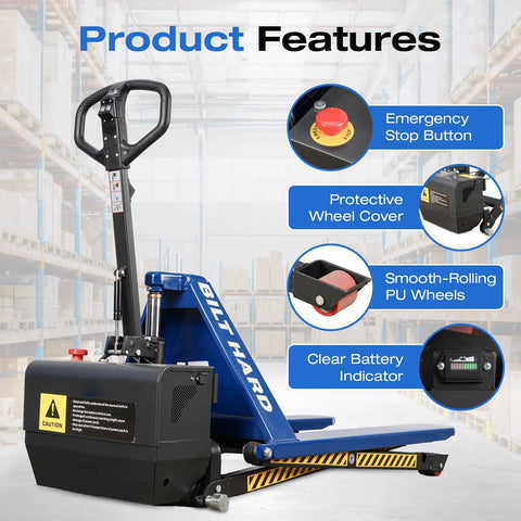 Heavy Duty Semi Electric High Lift Scissor Pallet Jack 3300 Lbs Capacity features emergency stop button and smooth-rolling PU wheels.
