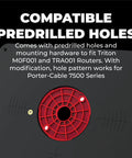Heavy Duty Phenolic Router Table Insert Plate Fits Triton MOF001 And TRA001 Routers, shows predrilled holes and red level loc rings.