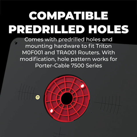 Heavy Duty Phenolic Router Table Insert Plate Fits Triton MOF001 And TRA001 Routers, shows predrilled holes and red level loc rings.