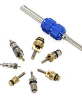 Blue aluminum double-head valve core dismantling tool with assorted brass and steel car A/C valve cores.
