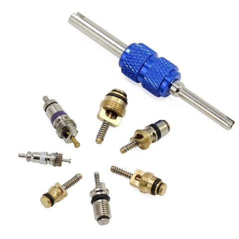 Blue aluminum double-head valve core dismantling tool with assorted brass and steel car A/C valve cores.