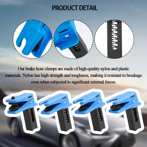 Four Piece Car Brake Line Plug Kit details showing blue clamp design for 3/8, 5/16, 1/2 inch hoses with leak proof stop