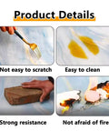 Product detail images of Rotating Marble Lazy Susan Serving Tray showing scratch resistance, easy cleaning, durability, fire safety