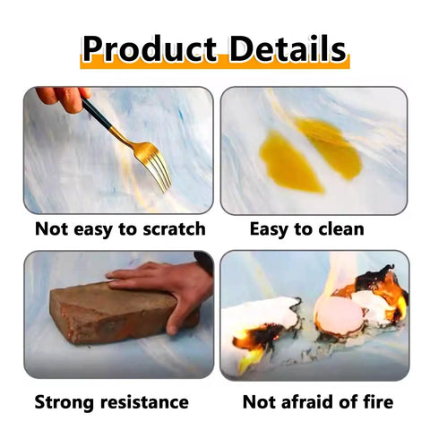 Product detail images of Rotating Marble Lazy Susan Serving Tray showing scratch resistance, easy cleaning, durability, fire safety