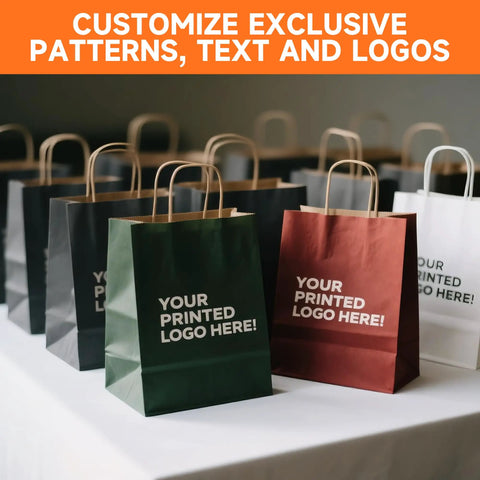 Custom Printed Kraft Paper Bags With Logo For Small Biz 5.8 By 3.2 By 8.25 Inch Brown White Tote Bags With Handles on display