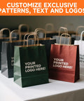 500 Pack Custom Printed Kraft Paper Bags For Small Biz With Logo Brown White Shopping Bags With Handle Personalized Gift Bags For Branding In Retail Suitable For Promotions Goodie Bags displayed on table.