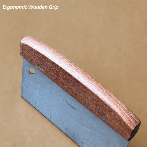 Heavy Duty Bench Scraper For Flat Top Griddle with wooden grip, close-up of stainless steel chopper edge, non reactive, rust resistant