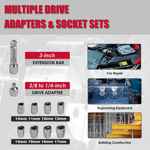 Cordless Electric Ratchet Wrench Set 3/8 Inch, 12V with adapter, extensions, sockets for various repair and construction tasks.