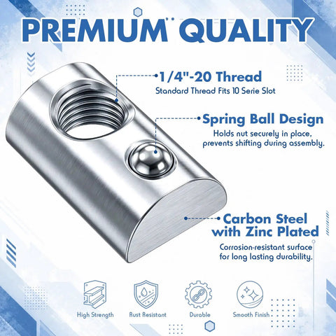 Heavy Duty 30 Pack 1/4 20 T Slot Nuts For Aluminum Extrusion Carbon Steel Spring Ball Sliding T Nuts close-up, showing thread and design.