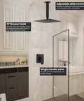Shower Faucet Set And Handle Kit Single Function Ceiling Mount Rainfall Shower System With 12 Inch Square Matte Black Shower Head