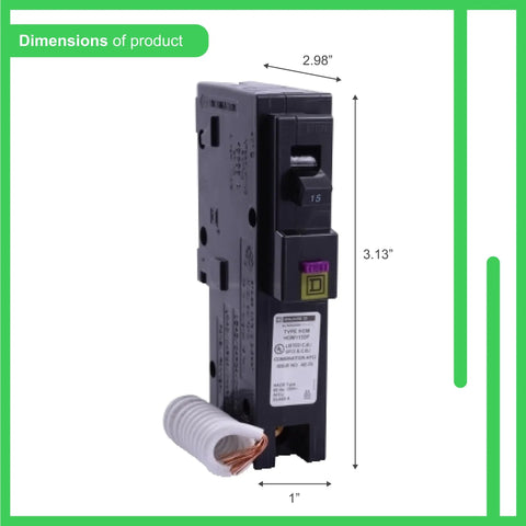 Homeline 15 Amp Single Pole Dual Function Circuit Breaker 1 Inch Plug On Design with dimensions shown