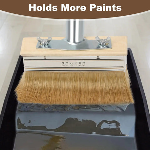 Stain Brush Kit With 60 Inch Long Handle for Decks and Wood Surfaces includes 6 inch wide deck brush resting in stain