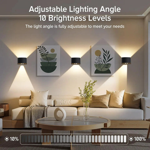 Living room with Cordless Motion Sensor Wall Lights With Remote Control, no cords needed, highlighting adjustable lighting modes.