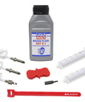 Do It Yourself Friendly SRAM Hydraulic Brake Bleed Kit With 250ml DOT 5.1 Fluid Reusable 20ml Syringes Bleeding Edge Tool And Easy Video Guide For At Home Bike Brake Bleeding, showing kit components including fluid, syringes, and tool.