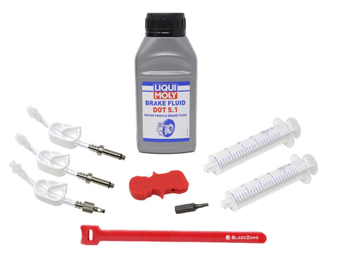 Do It Yourself Friendly SRAM Hydraulic Brake Bleed Kit With 250ml DOT 5.1 Fluid Reusable 20ml Syringes Bleeding Edge Tool And Easy Video Guide For At Home Bike Brake Bleeding, showing kit components including fluid, syringes, and tool.