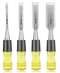 4 Piece Wood Chisel Set For Woodworking With CR-V Steel Beveled Edge Blades, Safety Caps, And A Durable PVC High Impact Handle For Pro Grade Precision Carving And DIY Projects In 1/4, 1/2, 3/4, 1 Inch