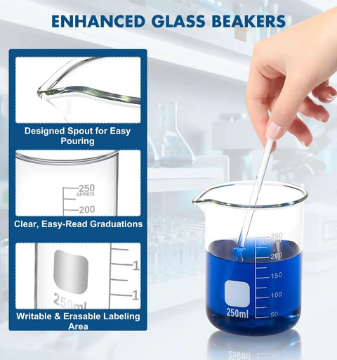 Beaker Set With 4 Glass Beakers And 4 Graduated Cylinders Plus 2 Stirring Rods For Chemistry Experiments Easy Read Measurements