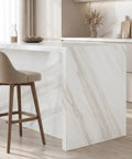 Waterproof Peel And Stick Wallpaper With True Marble Grain For Kitchen Backsplash And Cabinet Makeover Quick Install with beige chair.