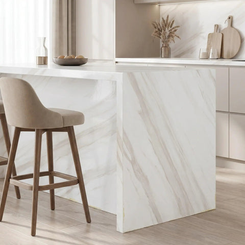 Waterproof Peel And Stick Wallpaper With True Marble Grain For Kitchen Backsplash And Cabinet Makeover Quick Install with beige chair.