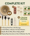 Indoor Herb Garden Starter Kit For Beginners Grow Four Heirloom Herbs On Your Kitchen Window With No Fuss Setup Easy DIY Gift For Plant Lovers Includes Pots Soil Discs Seed Packets And Essential Tools image showing complete kit with 4 pots, soil discs, tools, markers, seed packets, and grow guide.