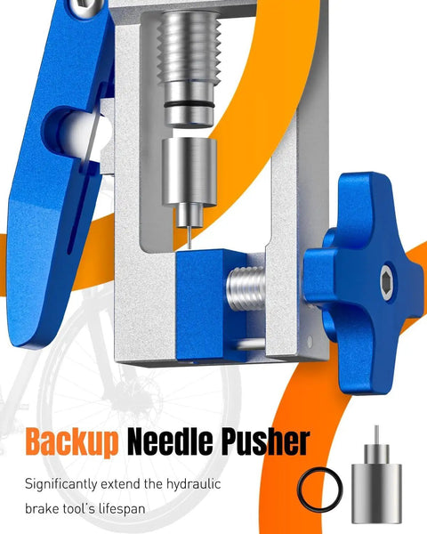 Close-up of backup needle pusher from 2 In 1 Bike Hydraulic Brake Tool Kit with aluminum alloy build and needle driver.