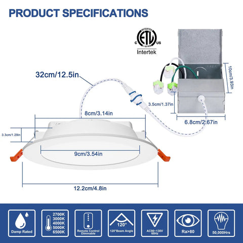 Product specifications for Six Inch Bluetooth Dimmable Recessed Ceiling Light With Adjustable CCT 2700K To 5700K High Brightness 1350 Lumen 16W