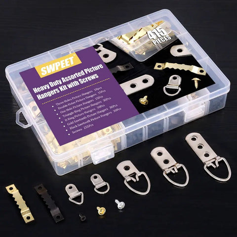 All In One Heavy Duty Picture Hanger Kit With 415Pcs Assorted Hangers And Screws In Transparent Storage Box Featuring Seven Models