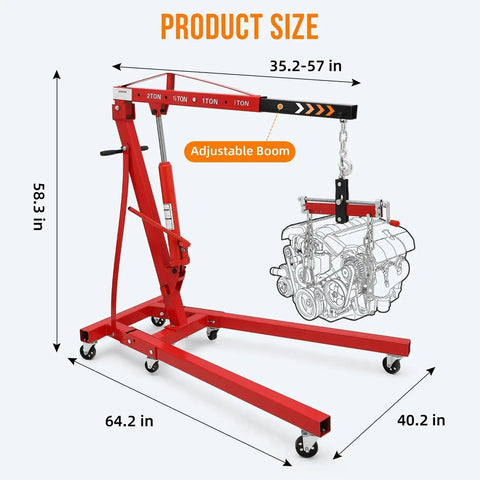 Badass Heavy Duty Folding Hydraulic Engine Hoist Cherry Picker dimensions 35.2-57 in adjustable boom and 64.2 in width.