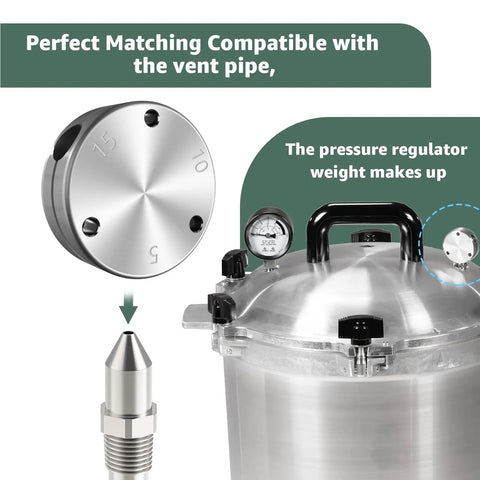 Replacement Pressure Regulator Weight for 1930 Series Pressure Cookers and Canners shown with vent pipe and pressure gauge.