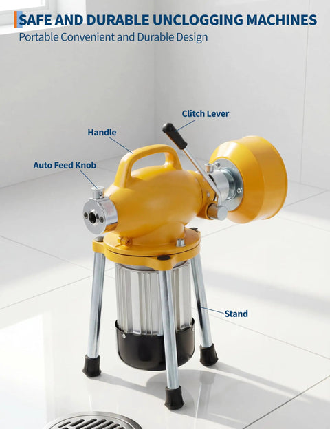 Heavy Duty Auto Feed Electric Drain Cleaner 500W Plug Chucker with handle, stand, and auto feed knob for easy use.