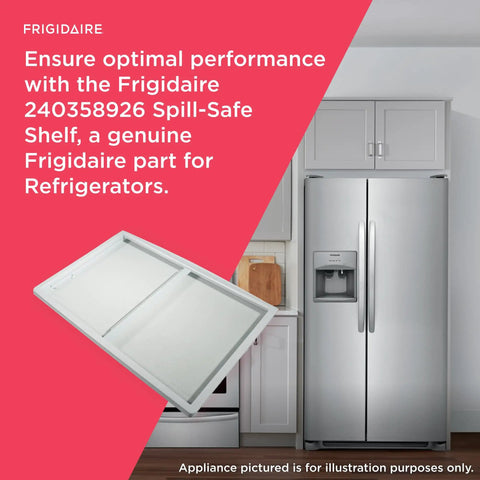 Frigidaire Spill Safe Shelf For Refrigerators 240358926 White next to refrigerator in kitchen setup, OEM style, leakproof storage.