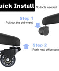 Quick install guide for Heavy Duty 2 Inch Universal Locking Office Chair Casters 5 Pack With Brake And Includes Screwdriver Tool Free Install Non Marking Floor Friendly For Hardwood Floors Tile Carpet Mats Safe Rolling.