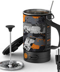 Portable Camping Coffee Maker Electric French Press Travel Kettle 120V with stainless steel design and manual plunger.