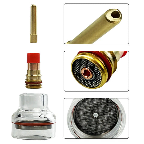 Glass Cup Kit For Welding Torch With Fluid Nozzle Set, High Heat Glass Cup With Washer And Silicone Ring, Pro Gear For WP 17 18 26 Torches, 2.4mm Tip, showing glass and metal components.