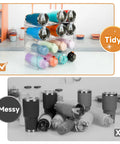 Heavy Duty Four Tier Water Bottle Organizer Rack With Hella Spacious Compartments For Stress Free Beverage Storage In Garage Kitchen Or Pantry Totally Fits Up To Thirty Two Oz Bottles Daily stacked with colorful mugs on counter.