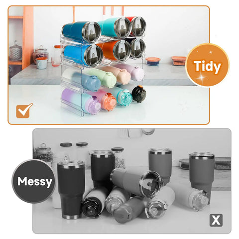 Heavy Duty Four Tier Water Bottle Organizer Rack With Hella Spacious Compartments For Stress Free Beverage Storage In Garage Kitchen Or Pantry Totally Fits Up To Thirty Two Oz Bottles Daily stacked with colorful mugs on counter.