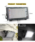 JUDYSSY Led Floodlight 100W shown with product dimensions for outdoor use garden lighting during day and night.