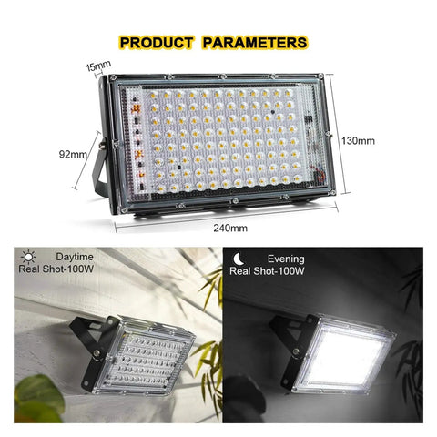 JUDYSSY Led Floodlight 100W shown with product dimensions for outdoor use garden lighting during day and night.