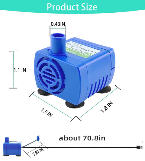 Cat Water Fountain Pump Submersible USB 5V, Ultra Quiet No Fuss Auto Shut Off, Water Level Sensor, LED Indicator, Stainless Steel IP68