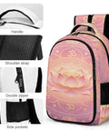 Om Sacred Lotus Mandala Art Backpack For Unisex Use, side view showing handle, shoulder strap, double zipper, and side pockets