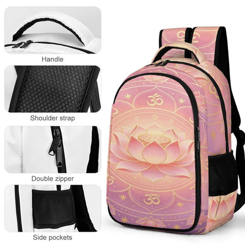 Om Sacred Lotus Mandala Art Backpack For Unisex Use, side view showing handle, shoulder strap, double zipper, and side pockets