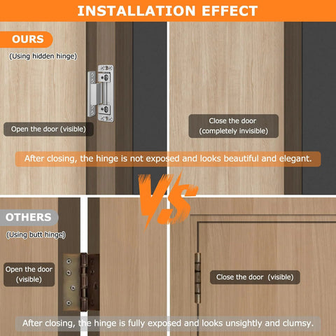 Comparison of Hidden Door Hinges 2 Pack Adjustable Concealed Hinges with regular butt hinges on open and closed doors.