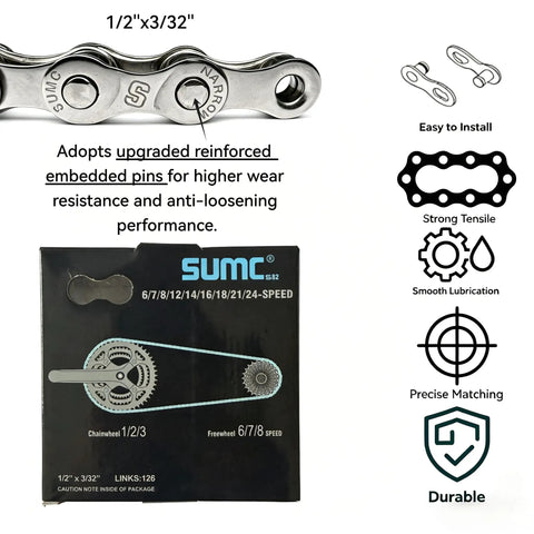 All In One Bike Chain Kit With 126 Links For 6/7/8 Speed Chains, Built In Chain Tool, Replacement Set For Hub Motor E Bikes, Mountain And Road Cycling Maintenance Essential with packaging and features.