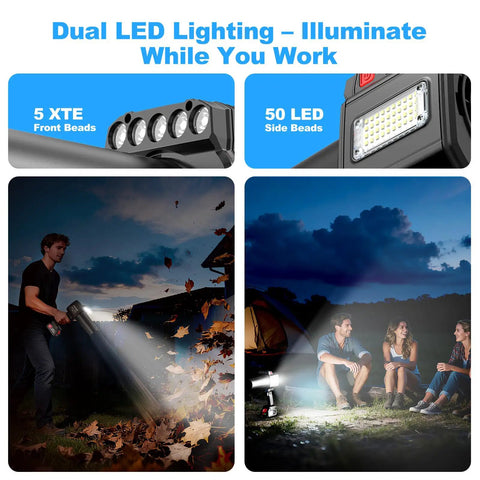 Cordless Brushless Leaf Blower With LED Work Light illuminating yard during night use scenario