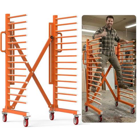 Heavy Duty Expandable Paint Drying Rack For Cabinet Doors With Smooth Casters And Hella Solid Steel Frame For Commercial Millwork And Serious Woodworking Projects Daily in workshop setting.