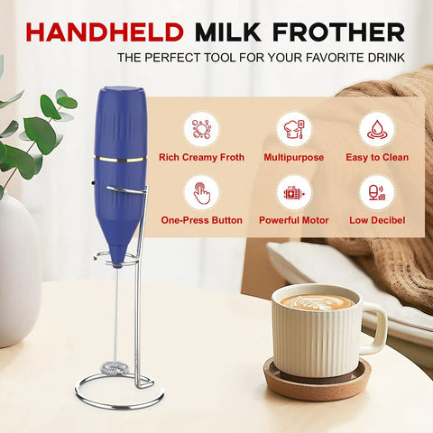 Handheld Milk Frother 14,000 RPM Drink Mixer Wand With Stand And Stirring Spoon Quiet One Button Operation Non Slip Handle