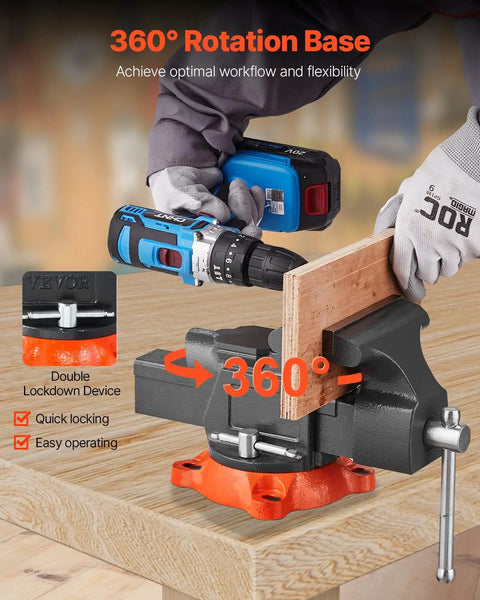 5 Inch Bench Vise With 360 Degree Swivel Locking Base And Anvil clamping wood, secured by ductile iron construction.