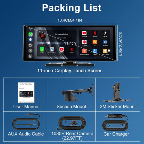 11 Inch CarPlay Screen With Built In Netflix YouTube TikTok And Other Apps Wireless Car Stereo For Apple CarPlay And Android Auto packing list